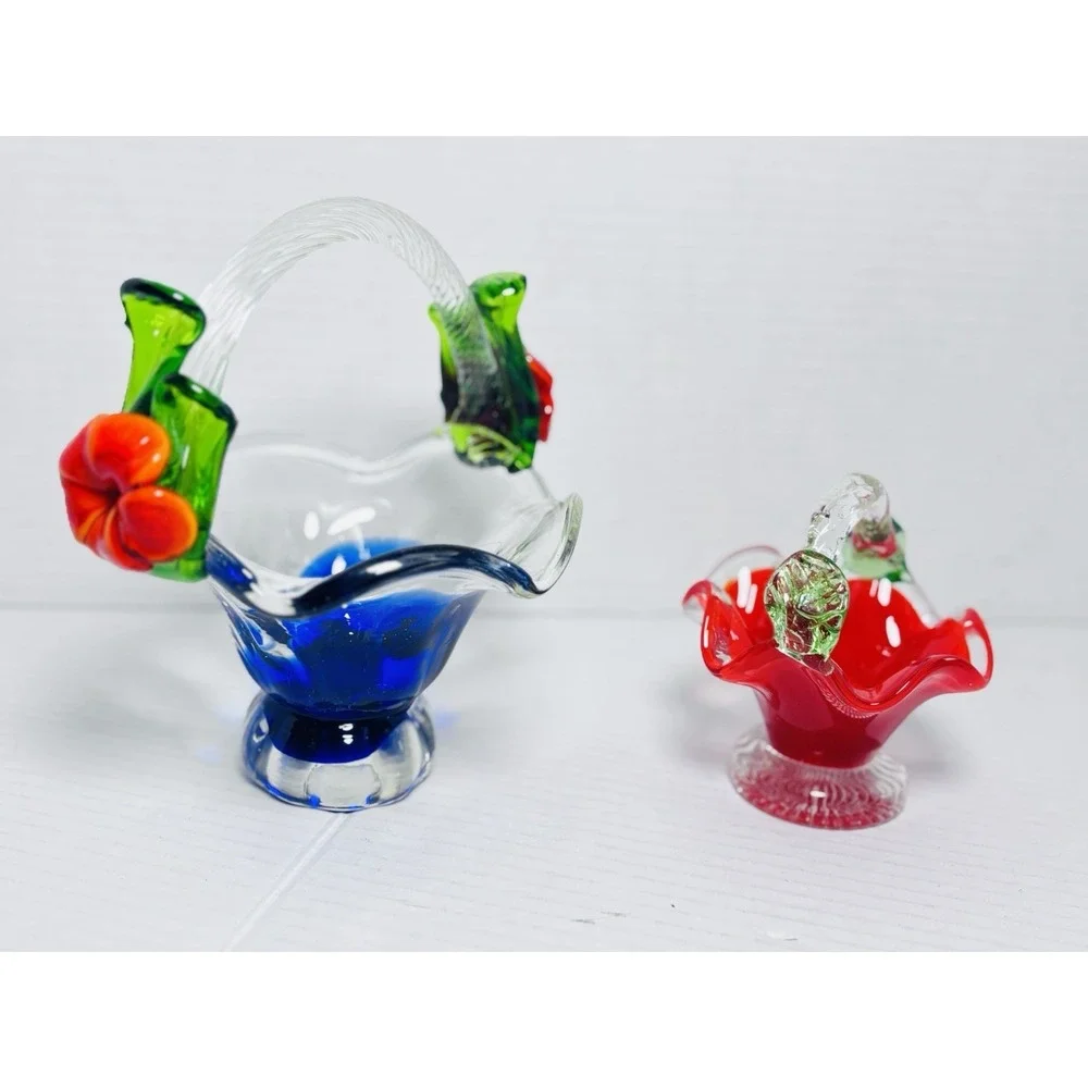 Vintage Murano Style Art Glass Basket Set Blue Red Pedestal Bowls Floral Handles